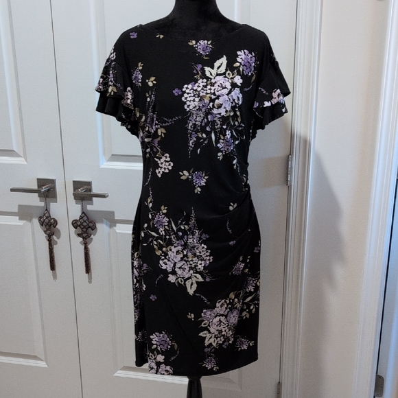 Ralph Lauren Black and Purple Floral Cap Sleeve Dress - Picture 1 of 9